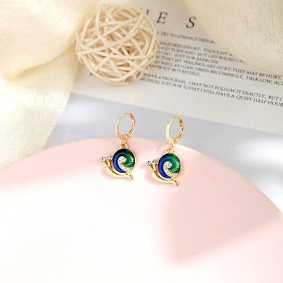 Enamel Glaze Snail White Crystal Leverback Dangle Statement Earrings - Picture 6 of 6